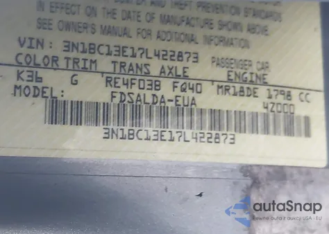 2007 Nissan Versa 1.8S z USA, uszkodzony, nr VIN 3N1BC13E17L422873